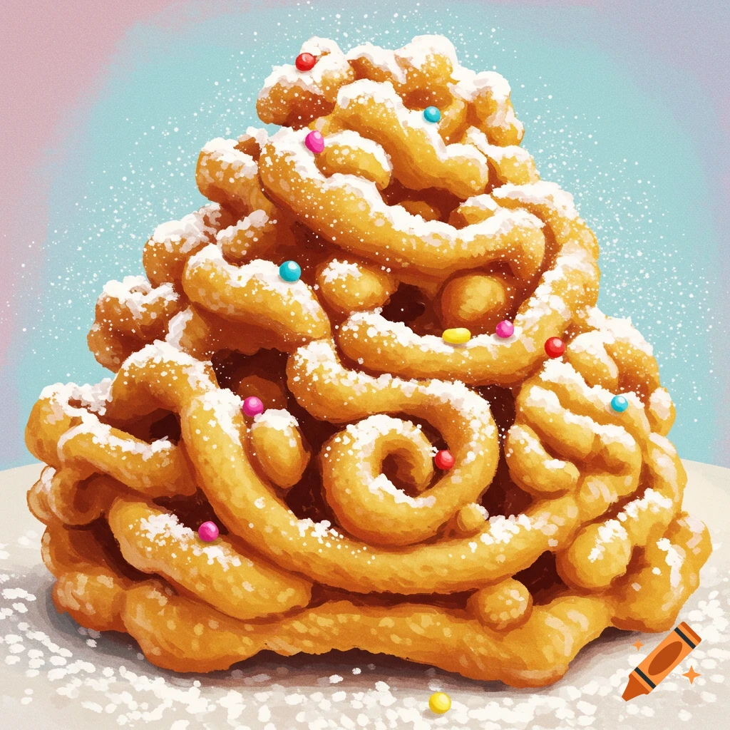 A large, golden brown funnel cake covered in powdered sugar and colorful sprinkles.