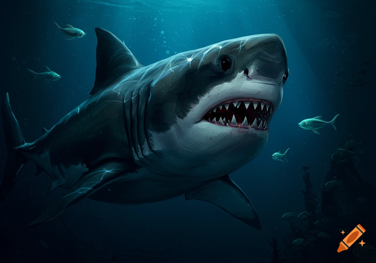 A great white shark swims in deep blue water, mouth open to reveal sharp teeth, with small fish nearby in an illustrative style.