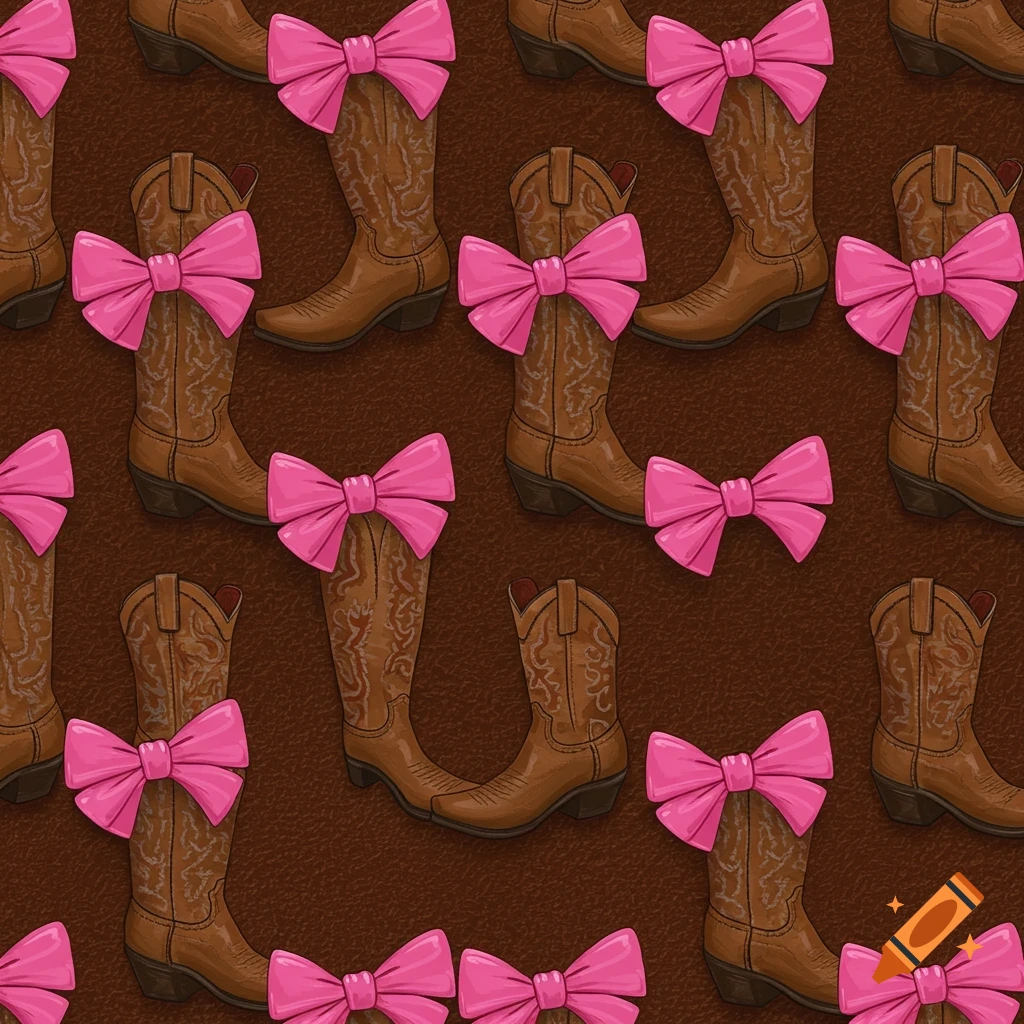 A seamless pattern of brown cowboy boots adorned with bright pink bows on a dark brown textured background.