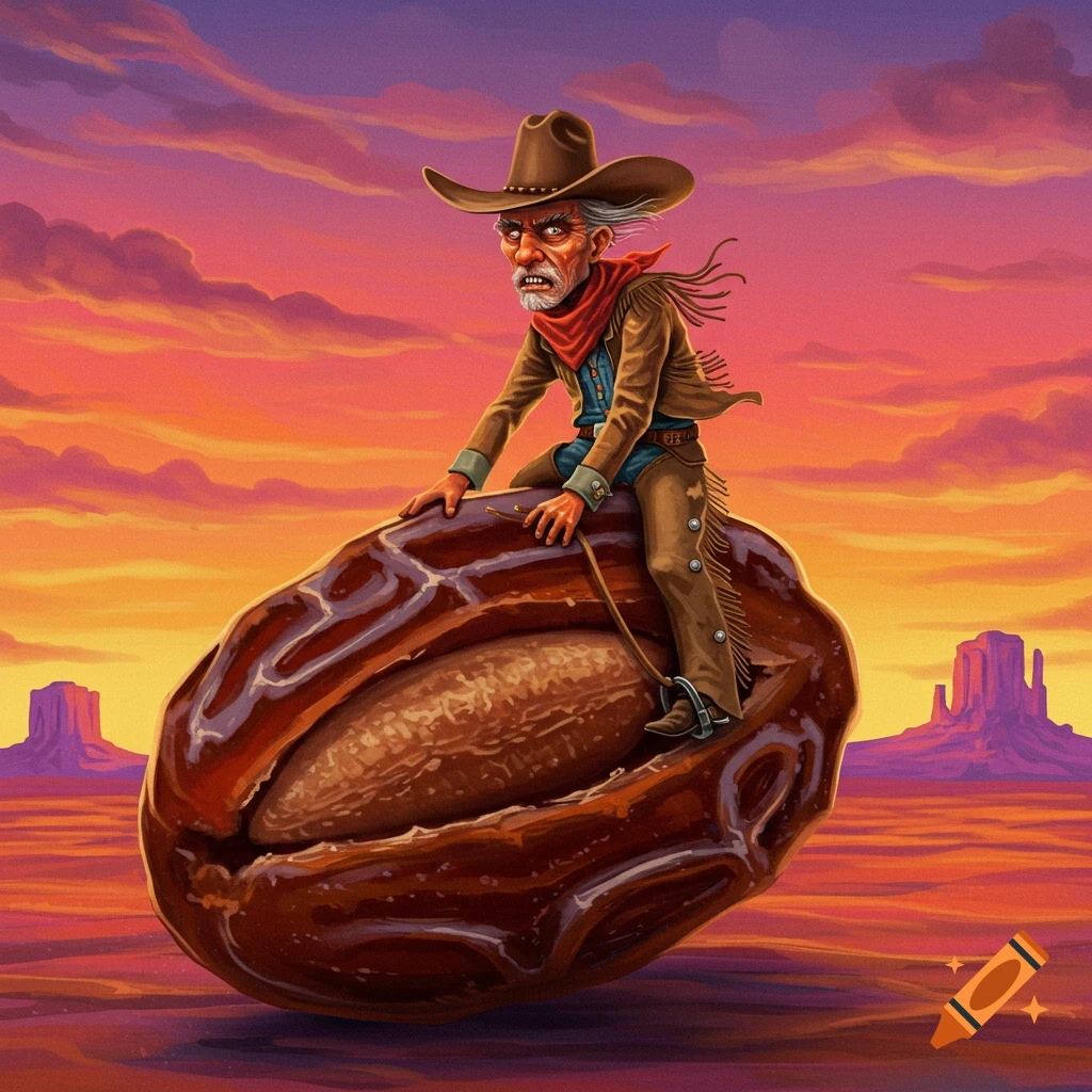 A cartoon cowboy with a beard and red bandana rides a giant pitted date through a desert landscape at sunset.