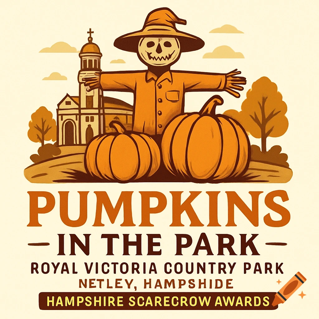 Stylized illustration of a scarecrow and two pumpkins in front of a church, with text 'PUMPKINS IN THE PARK' and event details.