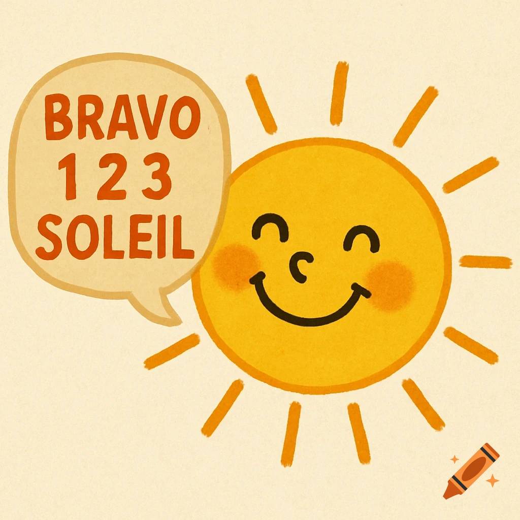 A smiling cartoon sun with rosy cheeks says "BRAVO 123 SOLEIL" in a speech bubble.