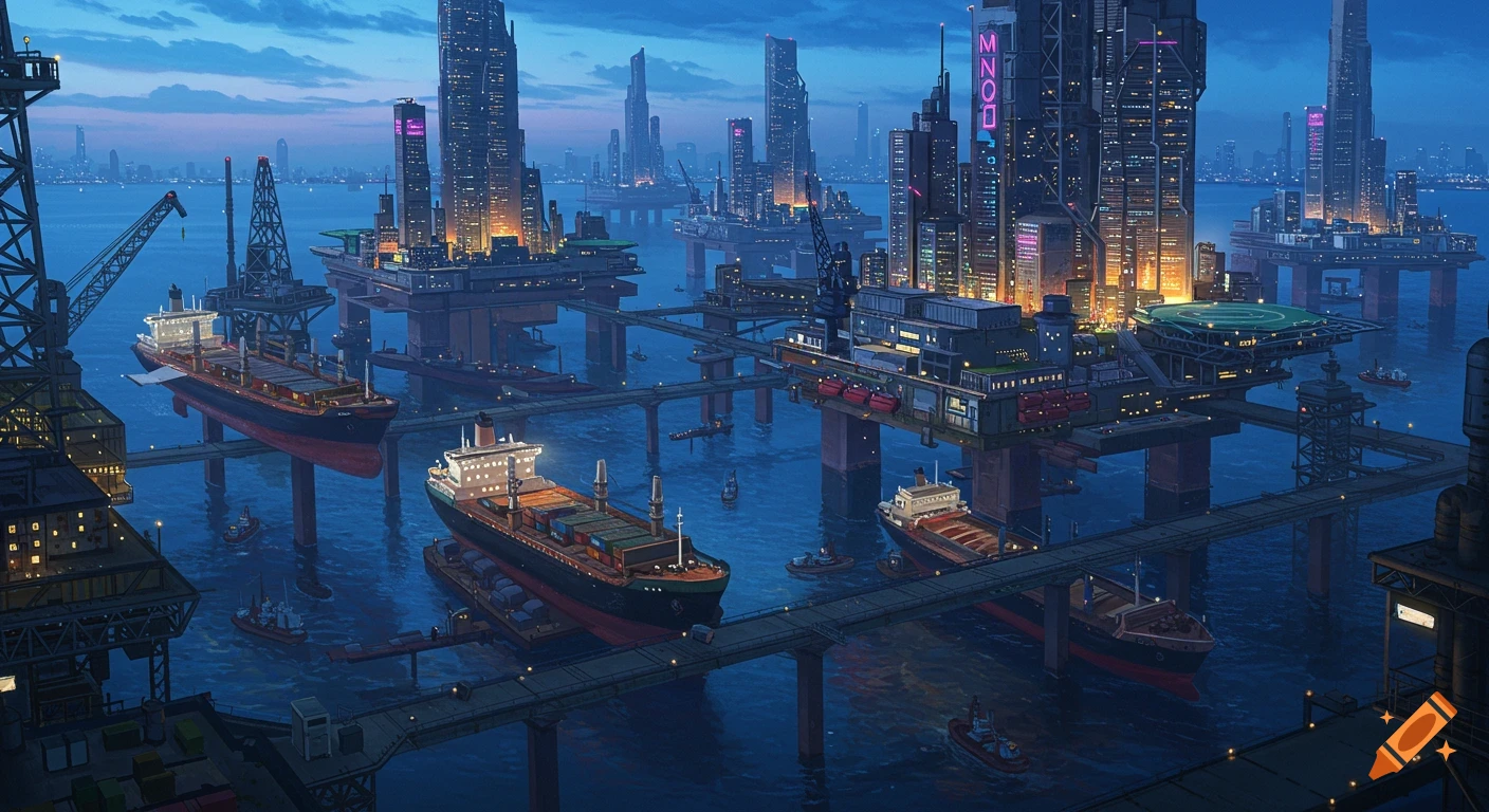 A futuristic cityscape built on water, with towering illuminated skyscrapers, oil rigs, and cargo ships docked at platforms during dusk.
