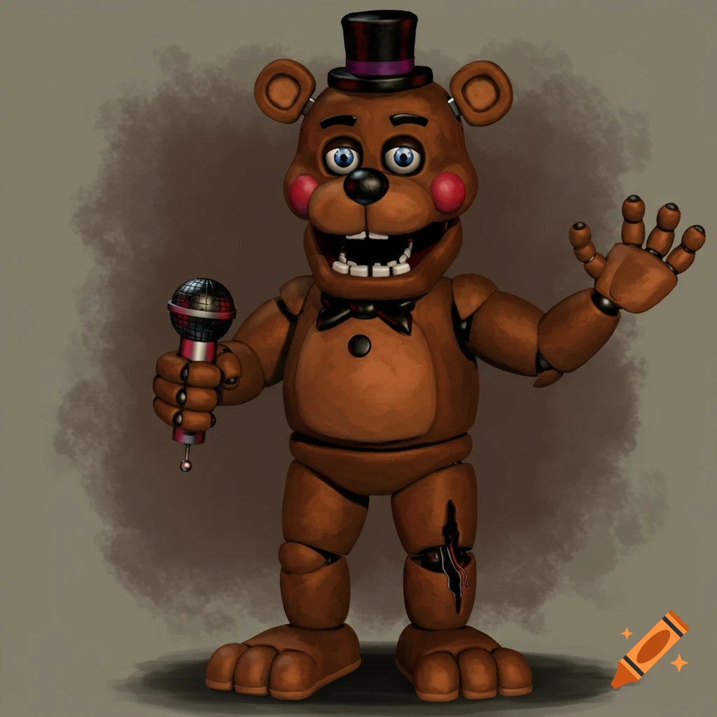 A brown animatronic bear with a top hat and bowtie holds a microphone. Its right leg is torn, revealing wires.