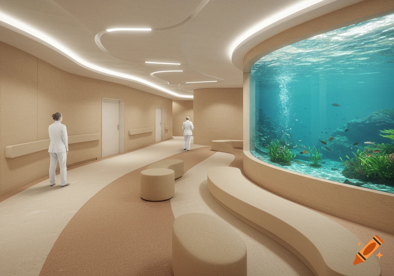 A modern hospital hallway with soft tones, minimalist seating, and a large curved aquarium showcasing aquatic life.