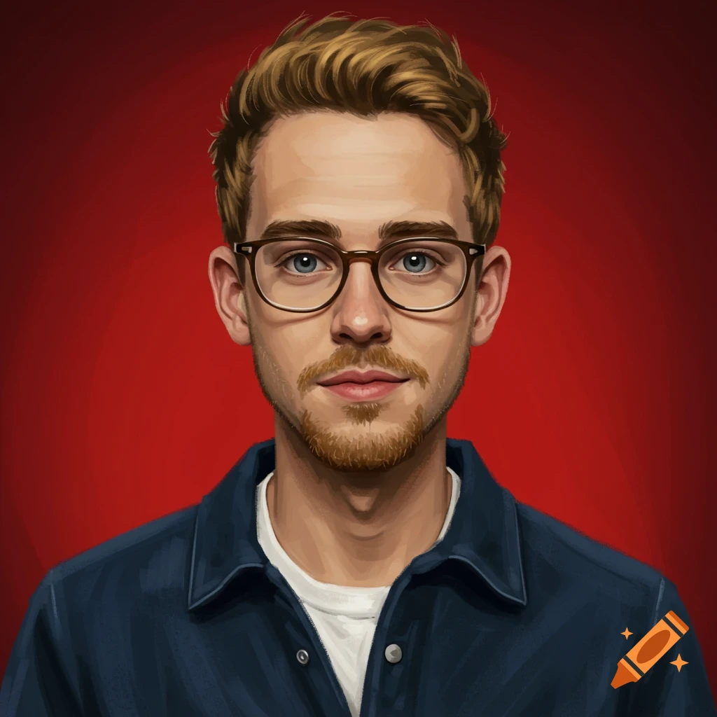 A digital art portrait of a man with blond hair, glasses, and a beard, wearing a blue shirt against a red background.
