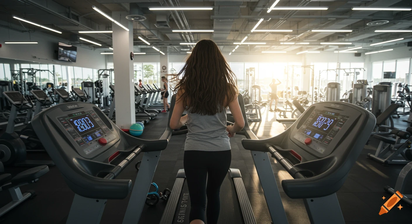 A woman with long dark hair, seen from behind, runs on a treadmill in a bright, modern gym with other equipment and people in the background.