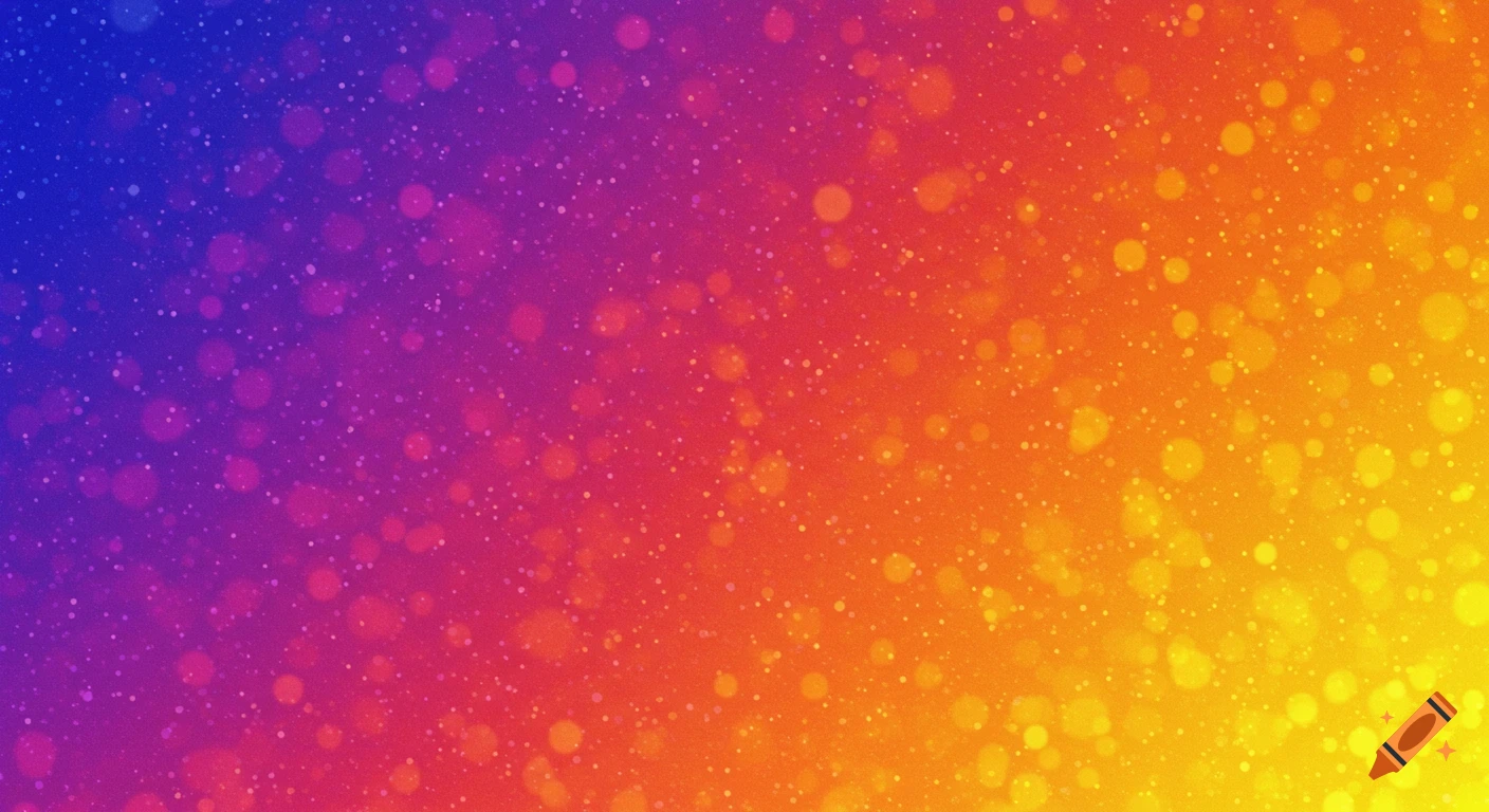 Abstract background with a colorful gradient from blue to purple, orange, and yellow, with scattered bokeh lights and fine speckles.