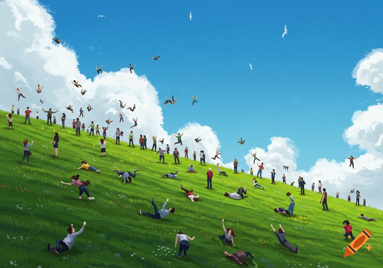 Many people are depicted falling down a vibrant green grassy hill under a bright blue sky with white clouds.