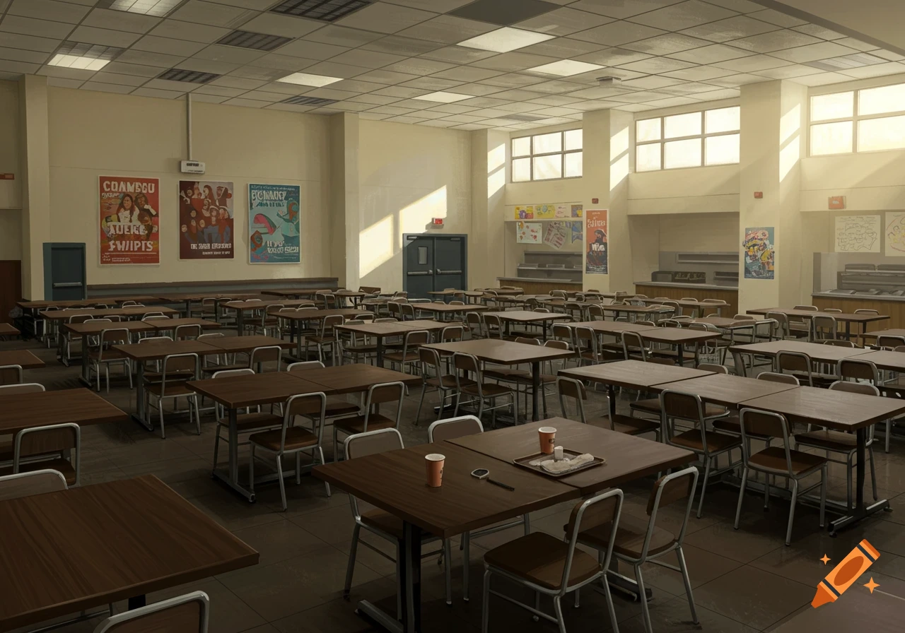 An empty college cafeteria with rows of tables and chairs, illuminated by sunlight streaming through large windows.