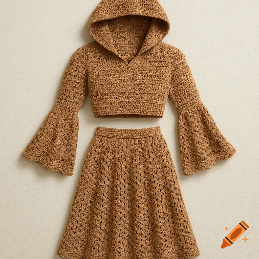 A brown crochet two-piece outfit with a hooded crop top and a midi skirt with bell sleeves on a light background.
