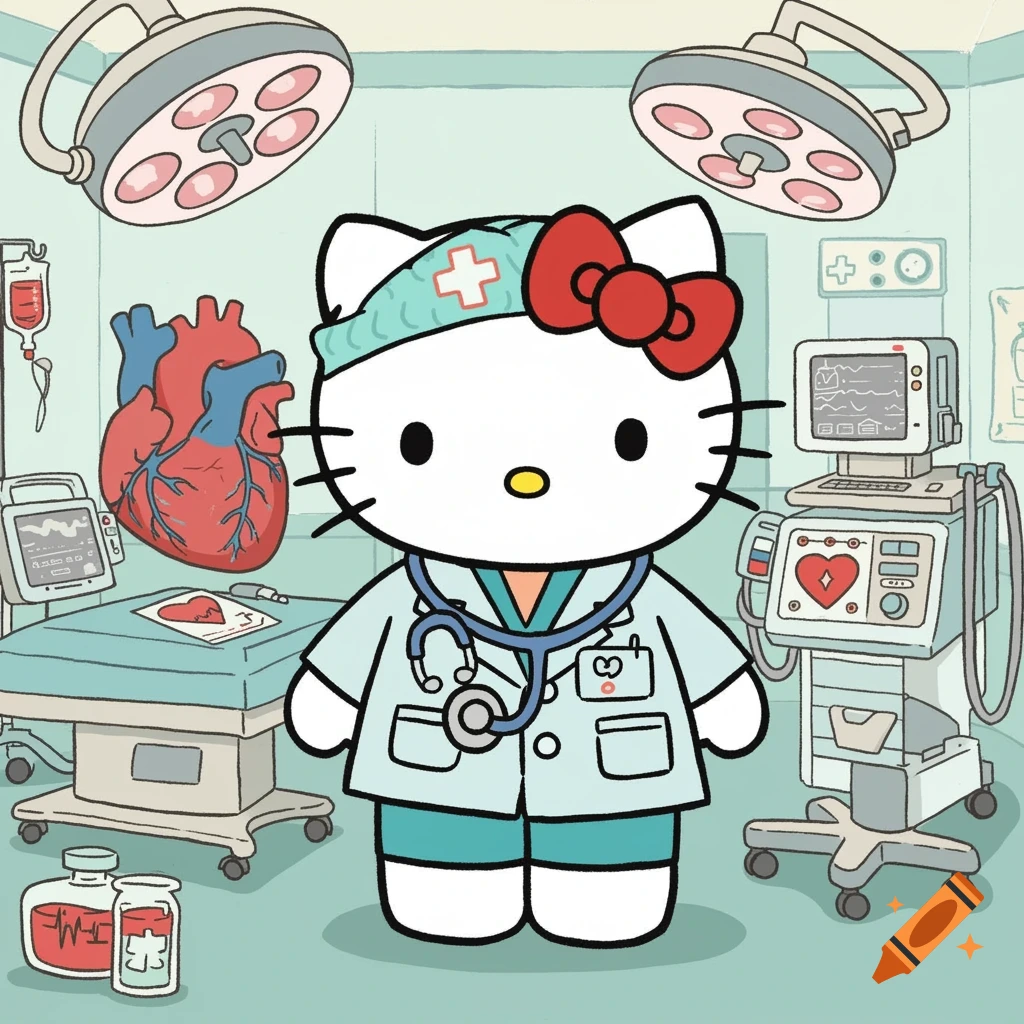 Hello Kitty dressed as a doctor in an operating room with a stylized anatomical heart and medical equipment, in a cartoon style.