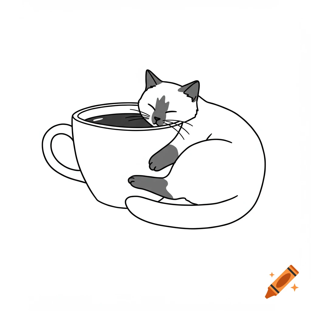 A minimalist black and white line drawing of a Siamese cat sleeping curled inside a coffee cup.