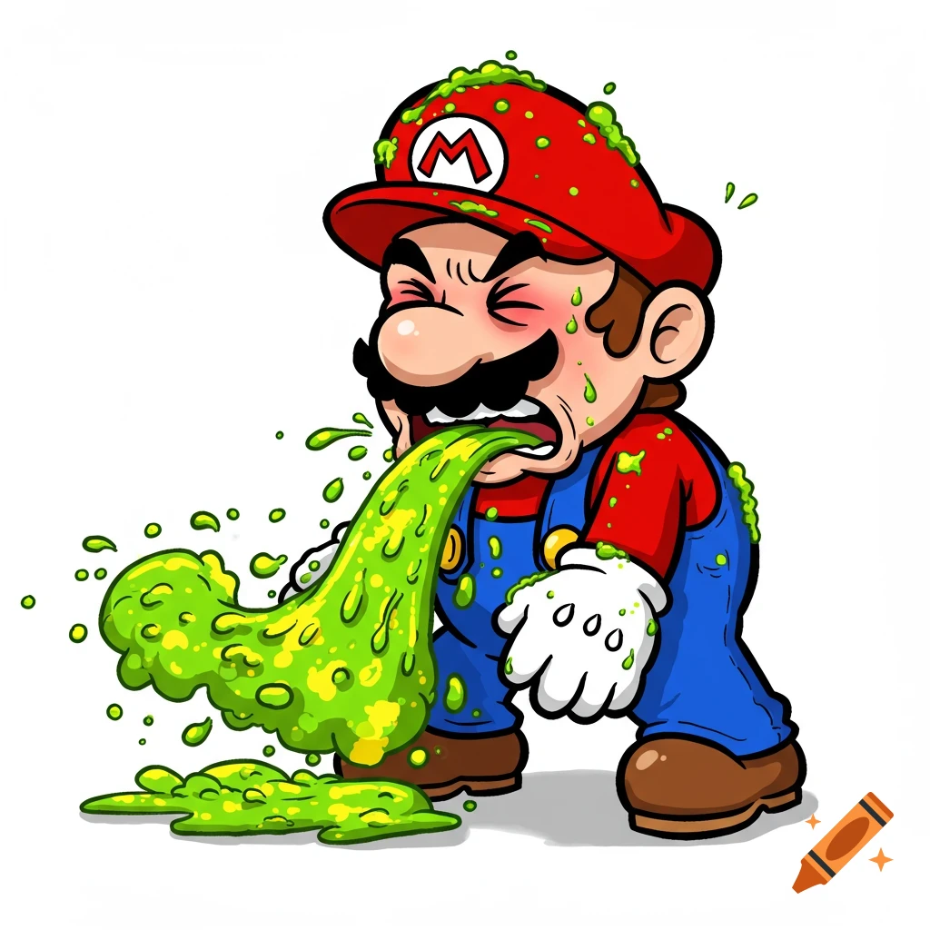 Cartoon illustration of Mario throwing up green slime.