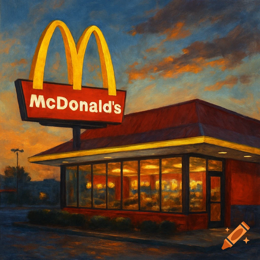 A painterly McDonald's restaurant at dusk, with the iconic golden arches sign illuminated against an orange and blue sky.