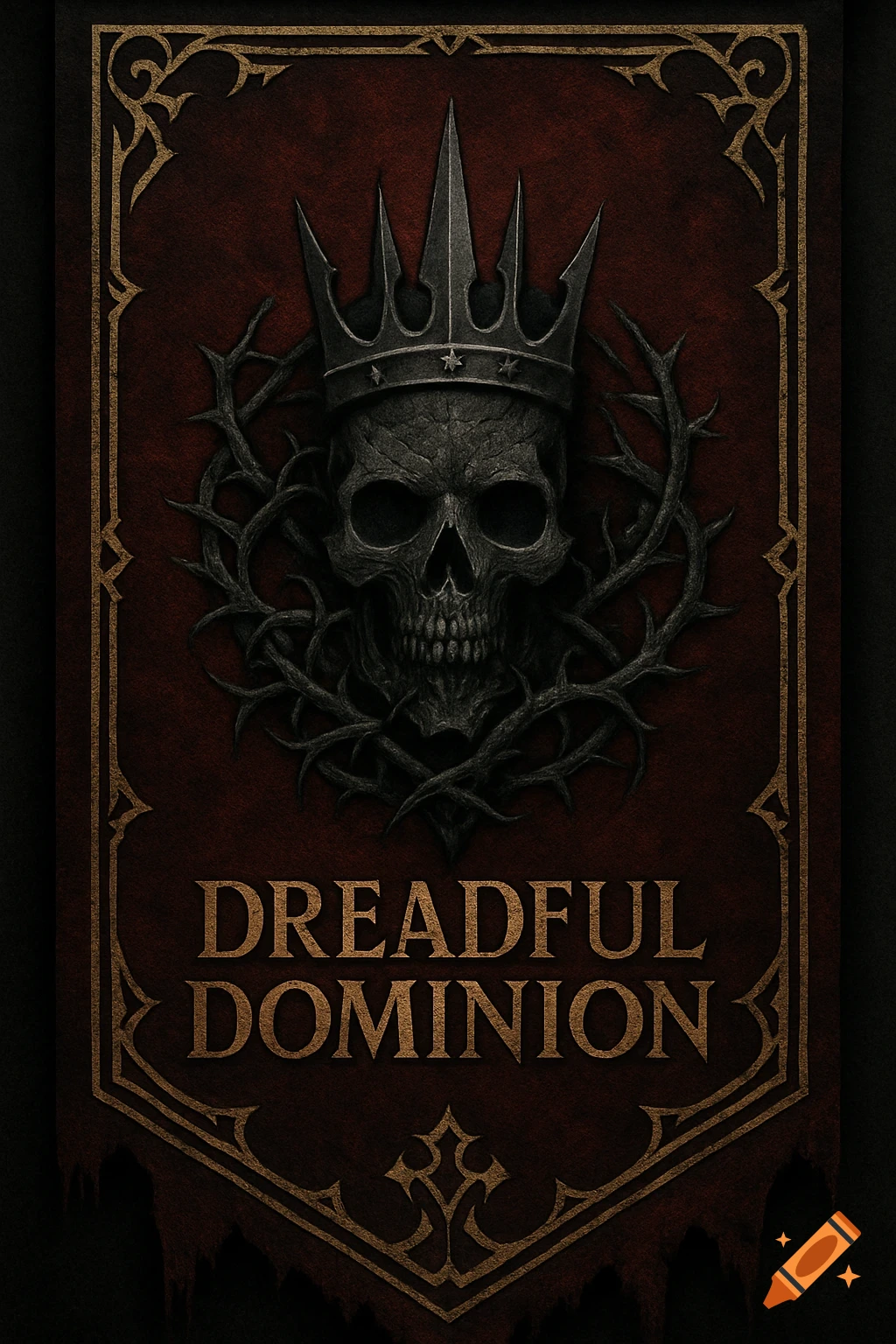 A dark red and gold banner features a crowned skull encircled by thorny vines, with the words 'Dreadful Dominion' below. Ominous, gothic style.