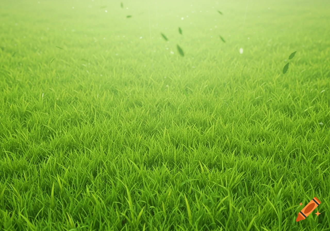 A vibrant green field of grass with soft focus and blurry leaves floating above.