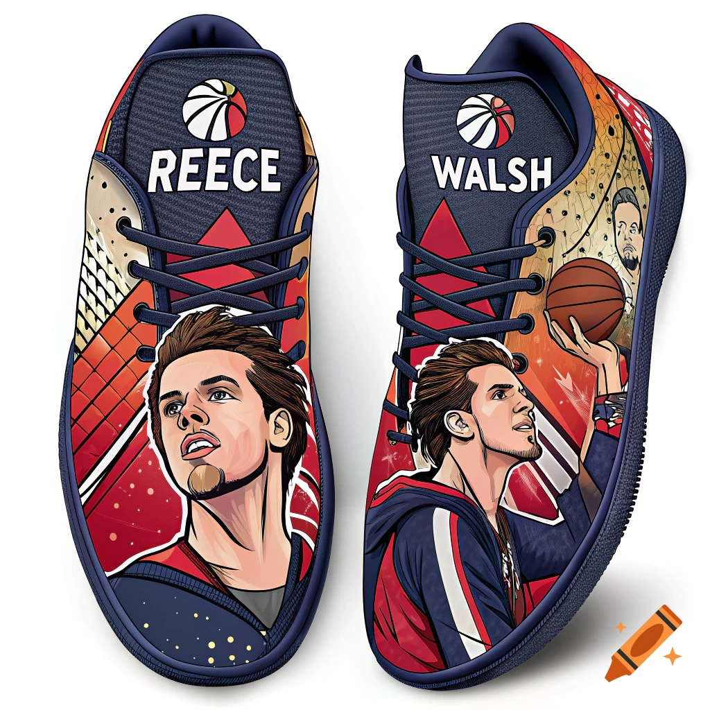 A pair of illustrated dark blue, red, and orange athletic shoes featuring cartoon portraits of a male basketball player and the names Reece and Walsh.