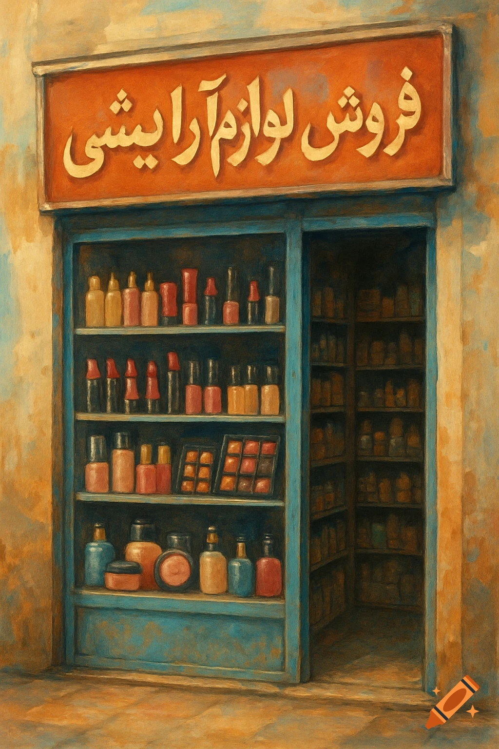 A vibrant, painterly depiction of a traditional shop facade with shelves full of cosmetic products, an orange sign with Persian script above.