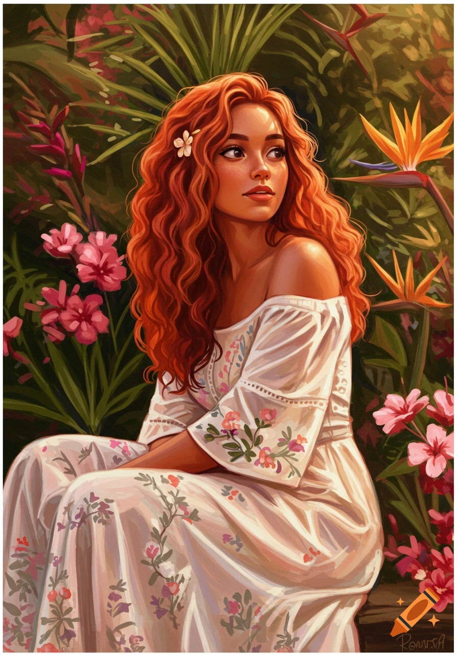 A digital painting of a woman with long red hair and a floral dress, sitting in a lush tropical garden with pink and orange flowers.