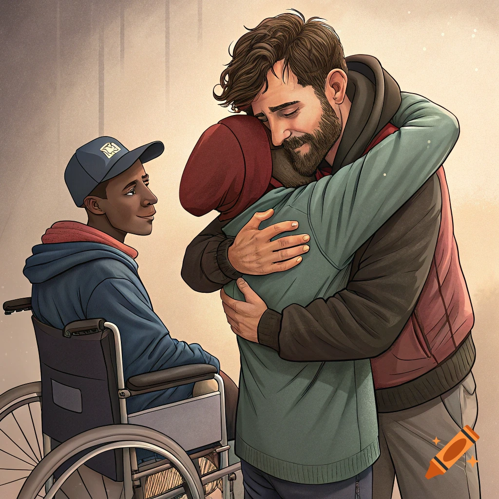 A man with a beard hugs another person wearing a red hood, while a young person in a wheelchair smiles nearby. Digital illustration.