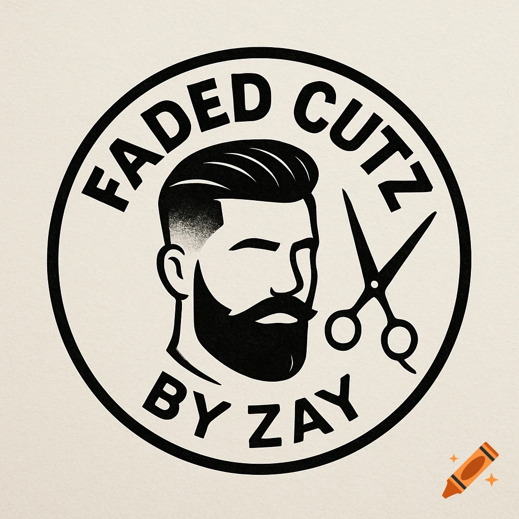 Black and white circular barbershop logo with a bearded man's profile, scissors, and 'FADED CUTZ BY ZAY' text.
