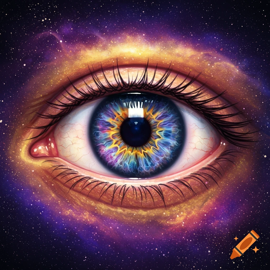 A close-up of a human-like eye with a colorful, nebula-like iris and a starry, cosmic background.