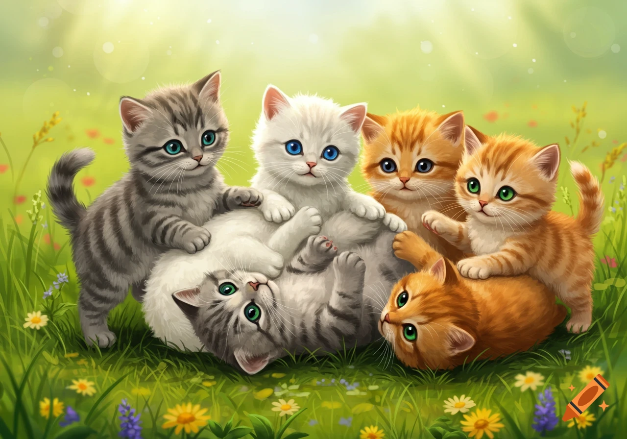 A playful group of fluffy kittens, various colors, in a vibrant green field with small flowers under a bright sky.