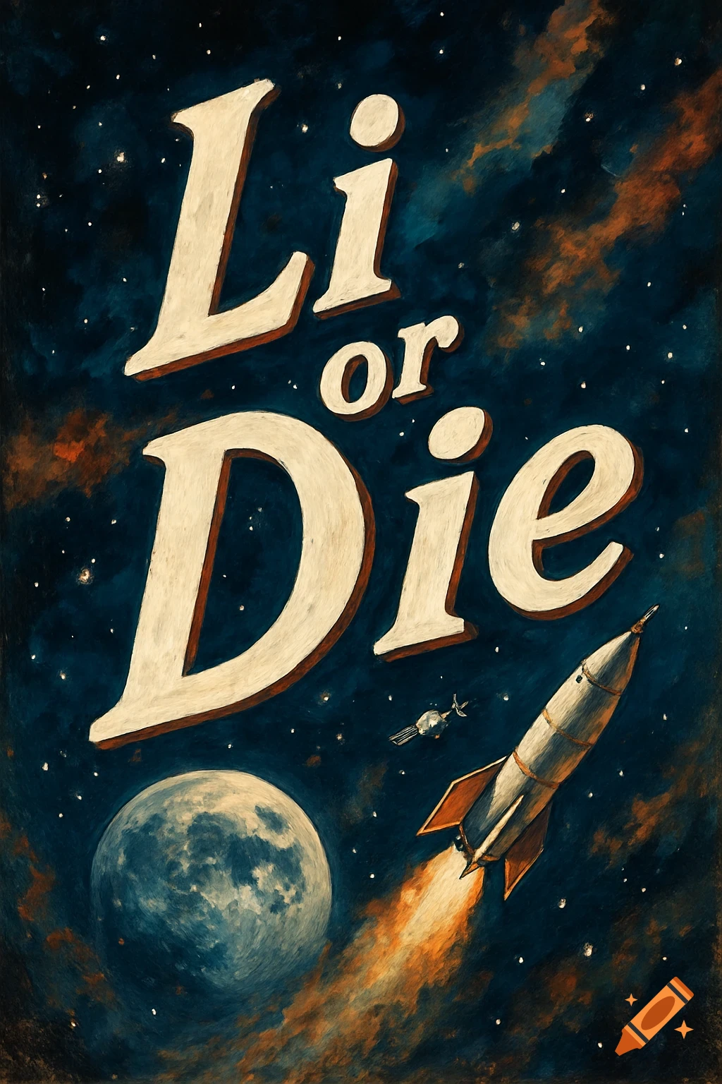 A retro-style space poster with a large rocket, the moon, and stars in a dark blue sky, with the text "Li or Die" prominently displayed.