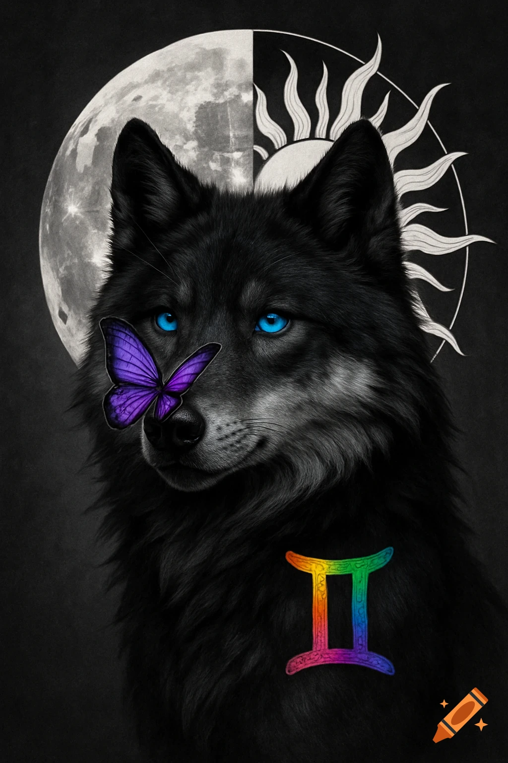 A black wolf with bright blue eyes and a purple butterfly on its nose, standing in front of a split black and white moon and sun background. A rainbow Gemini symbol is on its chest.