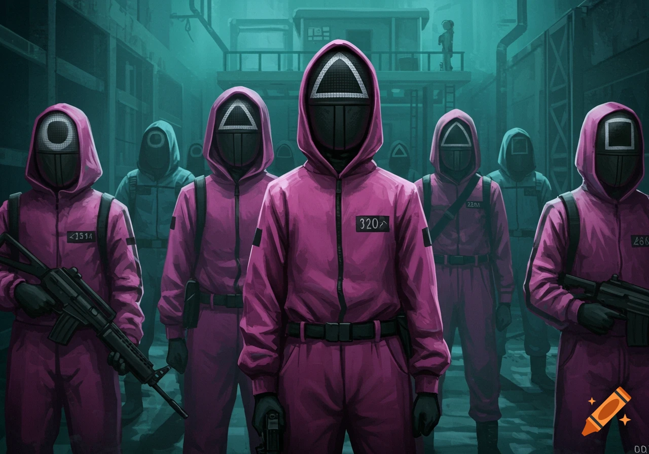 A group of masked Squid Game guards in pink uniforms stand in a dark, stylized alleyway, some holding weapons.