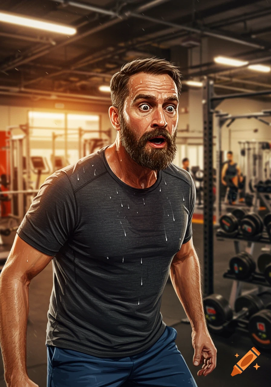 A surprised and sweaty man with a beard and wide eyes stands in a gym, depicted in a stylized illustration.