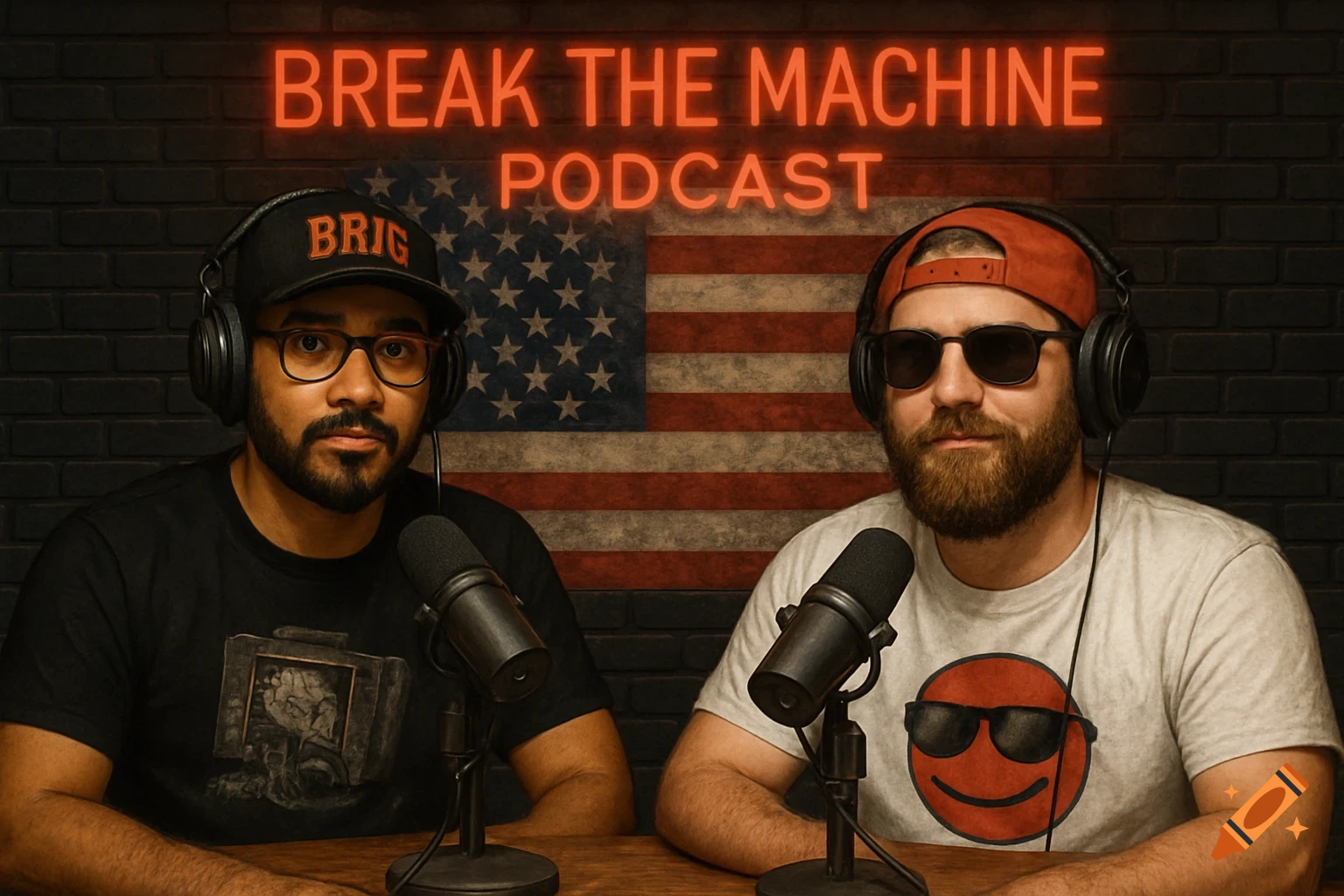 Two men in headphones and t-shirts sitting at a podcast table with microphones, a neon 'BREAK THE MACHINE PODCAST' sign, and an American flag mural on a brick wall behind them.