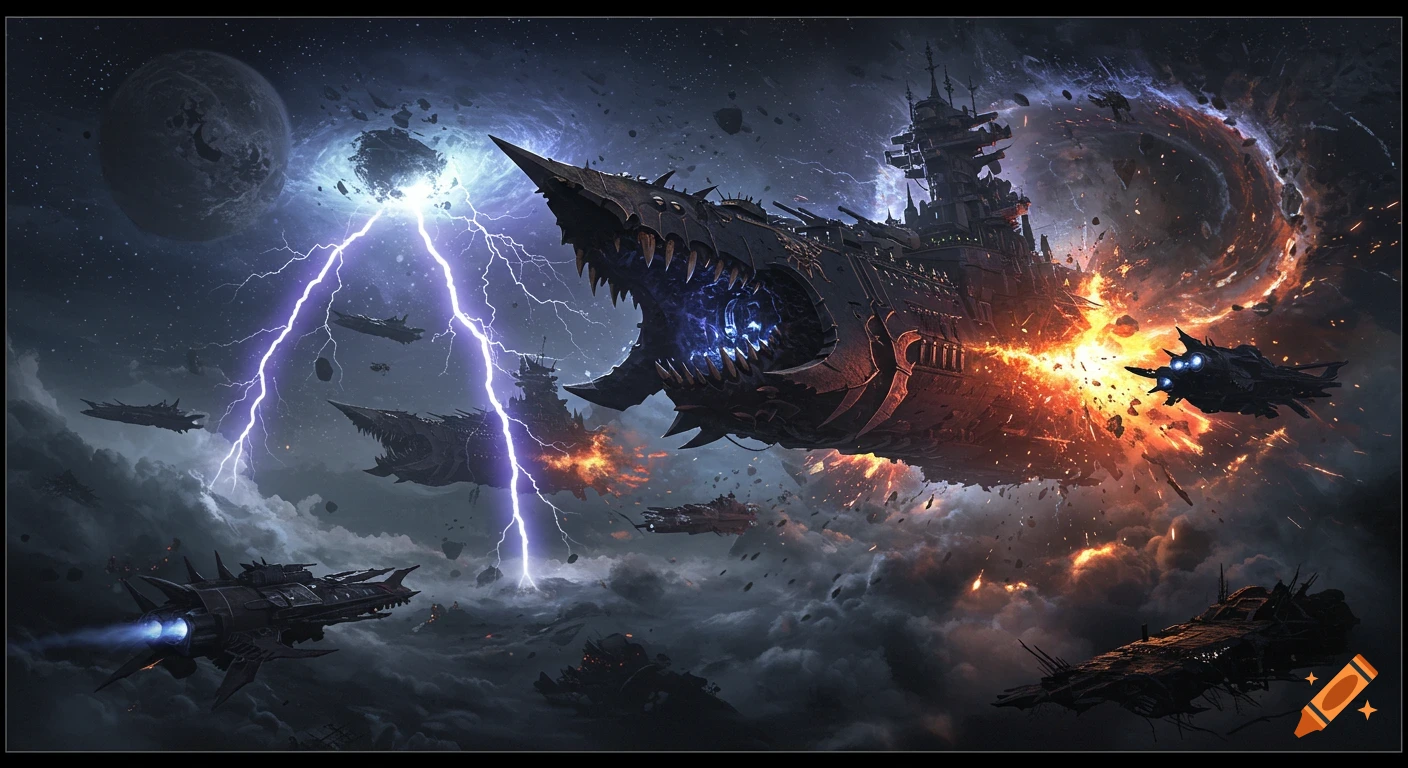 A colossal gothic-futuristic fleet emerges from a violet lightning warp vortex in space, featuring a battleship with a fanged maw and distant explosions.