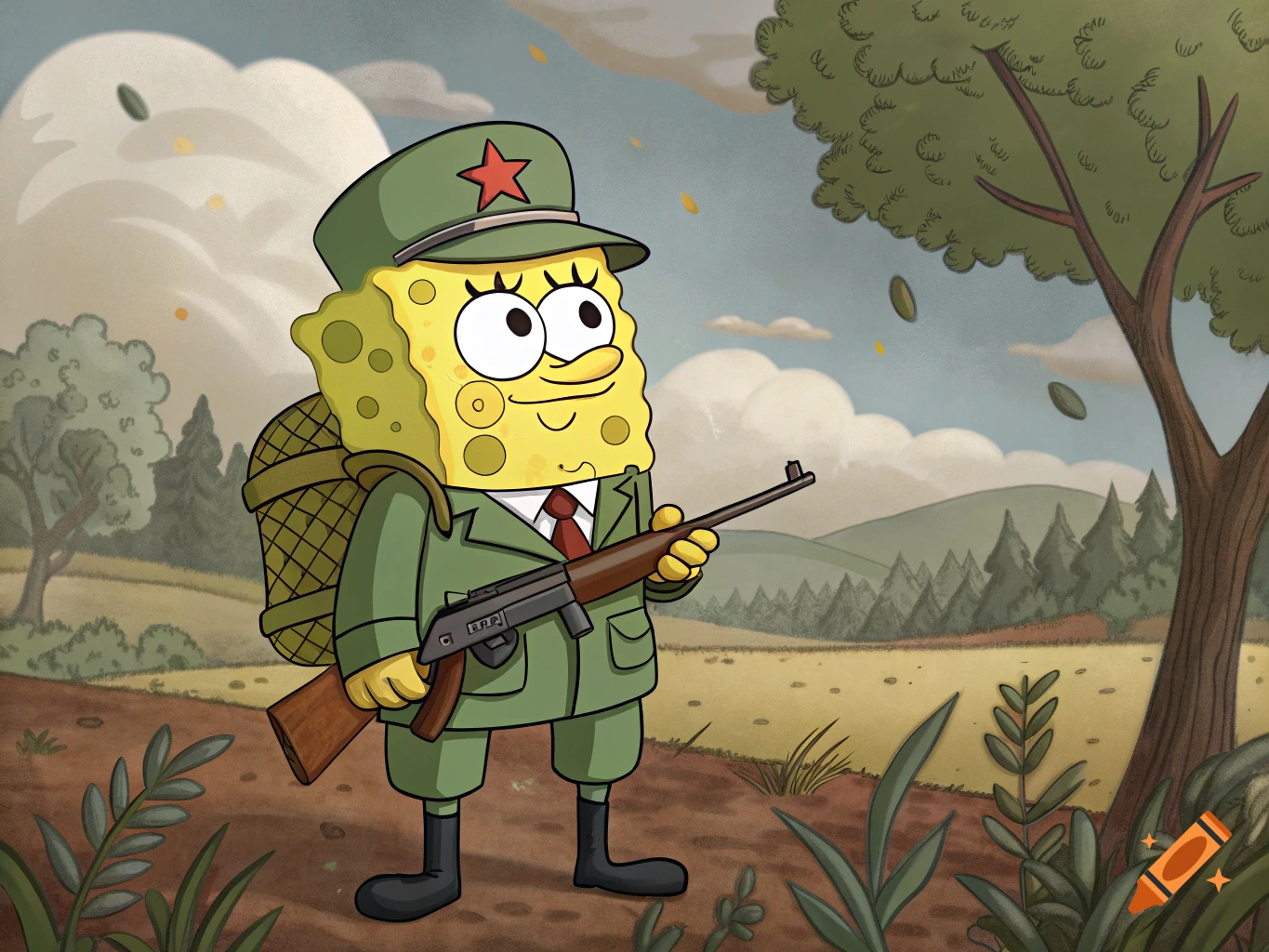 SpongeBob SquarePants dressed in a green military uniform and cap with a red star, carrying a backpack and holding a rifle, standing in a field.