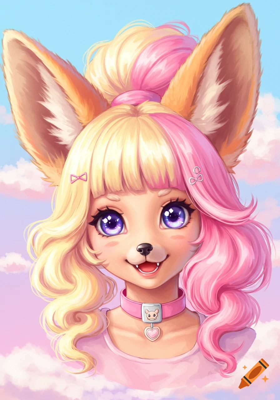 Close-up of a cute anime fennec fox character with blonde and pink hair and purple eyes, wearing a pink collar, against a pastel sky.