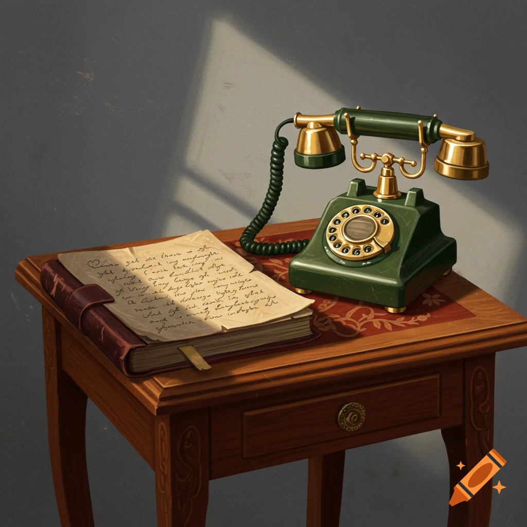 A vintage green rotary telephone and an open diary with illegible text on a wooden end table with patterned inlay, sunlight casting a shadow.