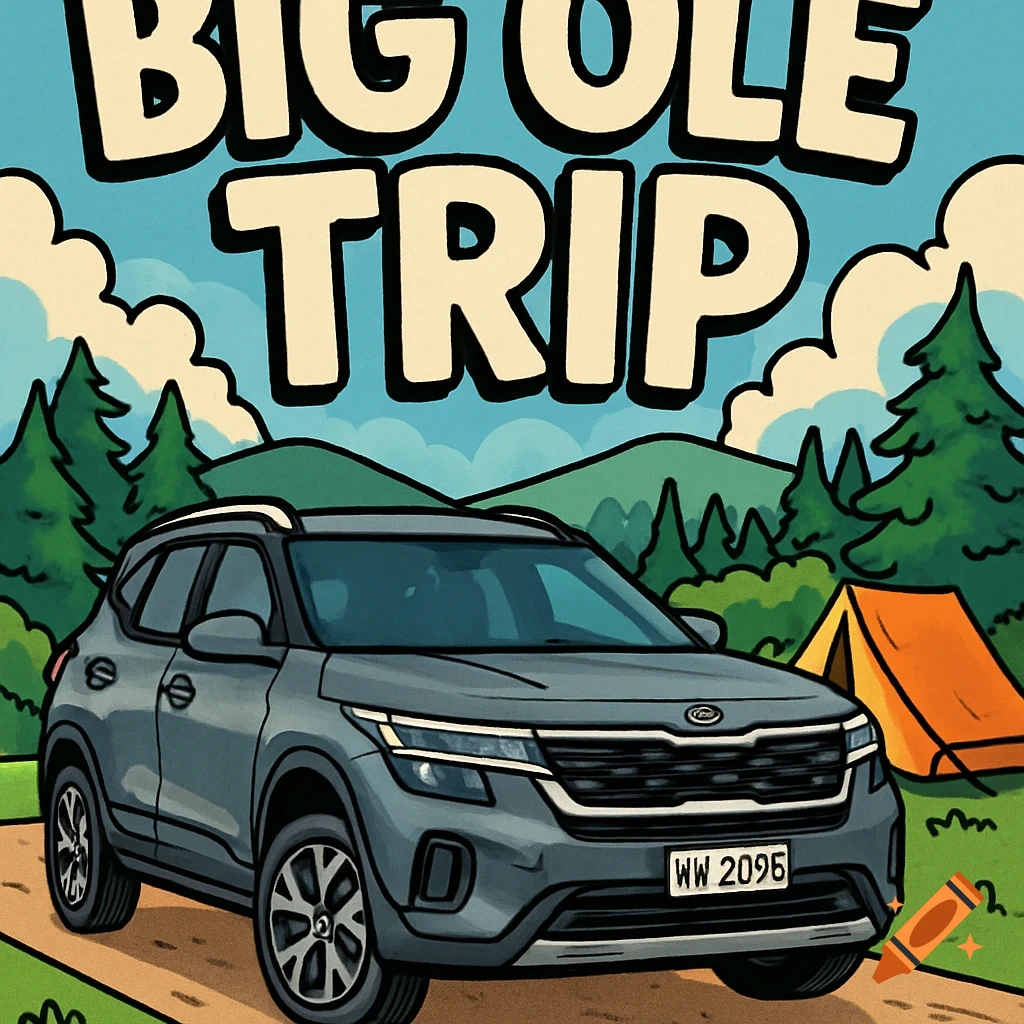 A grey cartoon SUV on a dirt road in a forest with mountains and a tent, with "BIG OLE TRIP" text above.