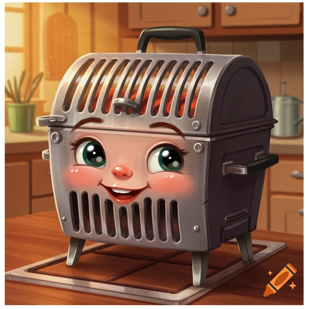 A cheerful cartoon grill with big eyes and rosy cheeks sits on a wooden counter in a kitchen, rendered in an illustrated style.