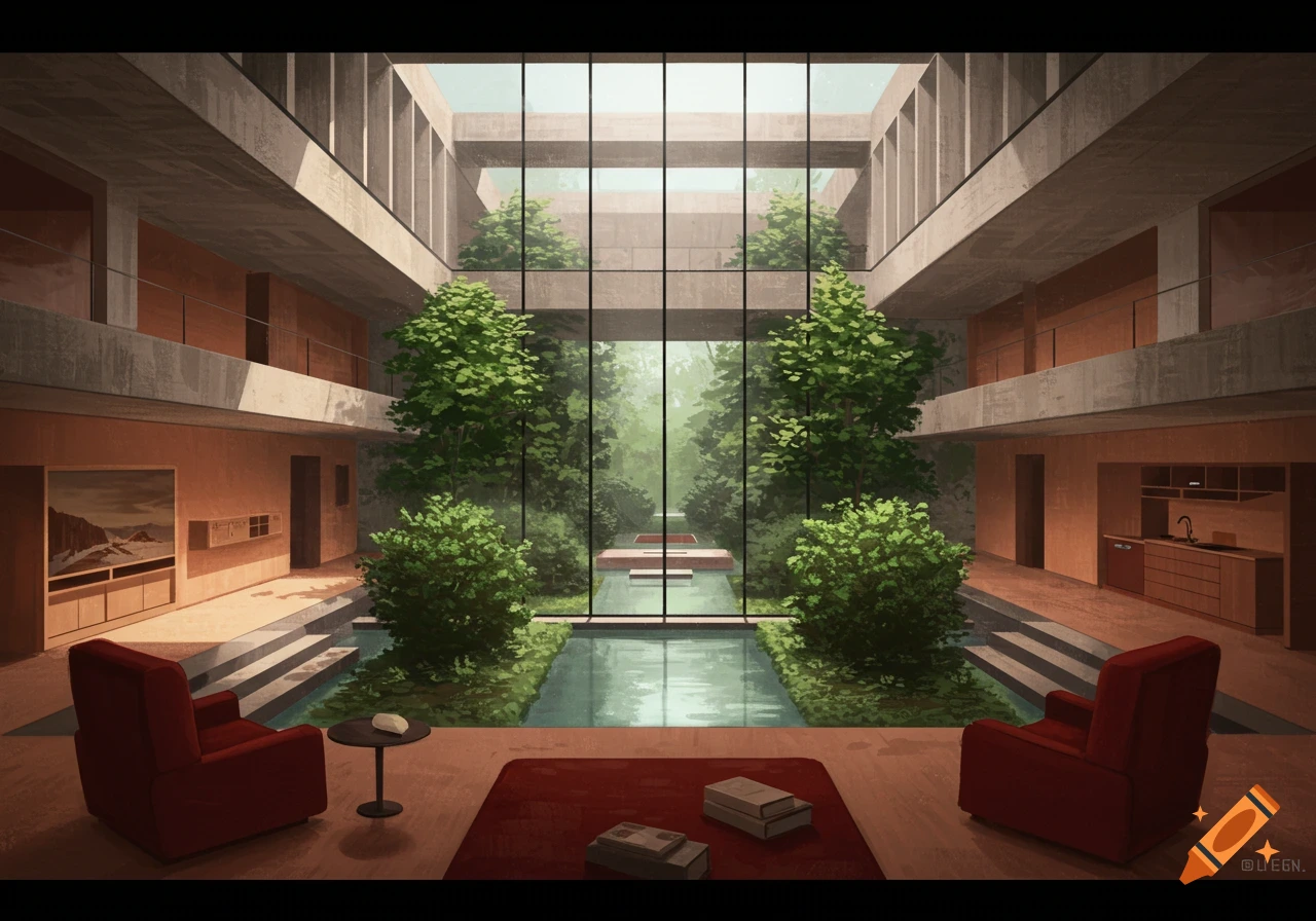 Brutalist house interior with a central glassed-in courtyard garden, trees, and a long pool. Two red armchairs face the garden.