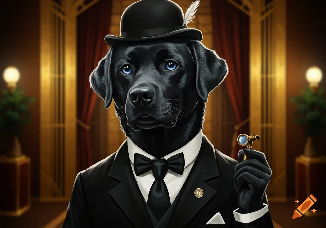 A black Labrador dog dressed in a black suit with a white shirt and bow tie, wearing a black bowler hat with a feather. It holds a small gold telescope and stands in a grand, ornate room.