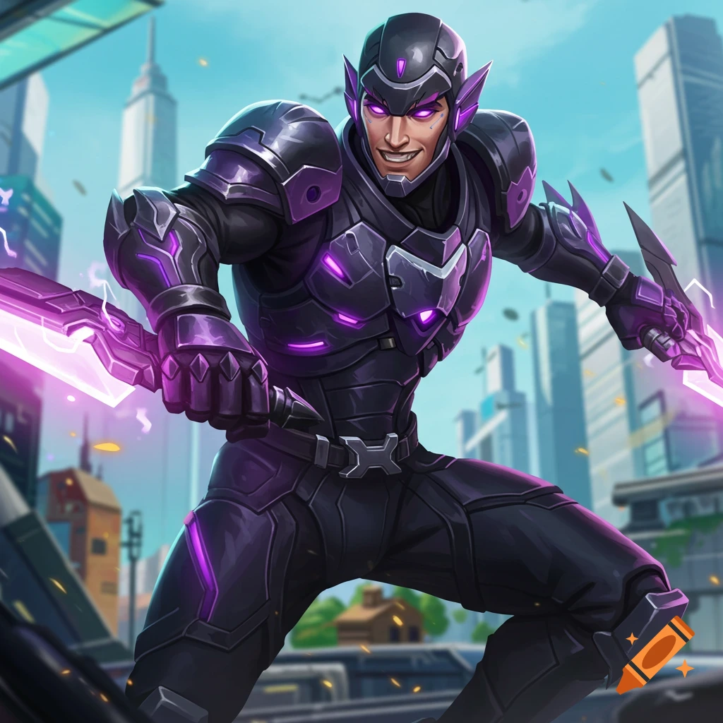 A male character in black and purple armor holds glowing energy swords in a city, in a stylized, Fortnite-like art style.