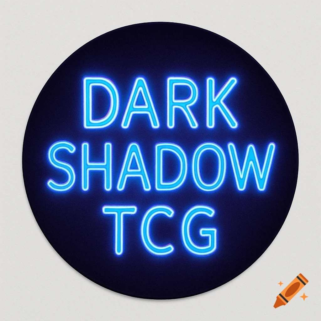 Circular logo with blue neon text 'DARK SHADOW TCG' on a dark background.