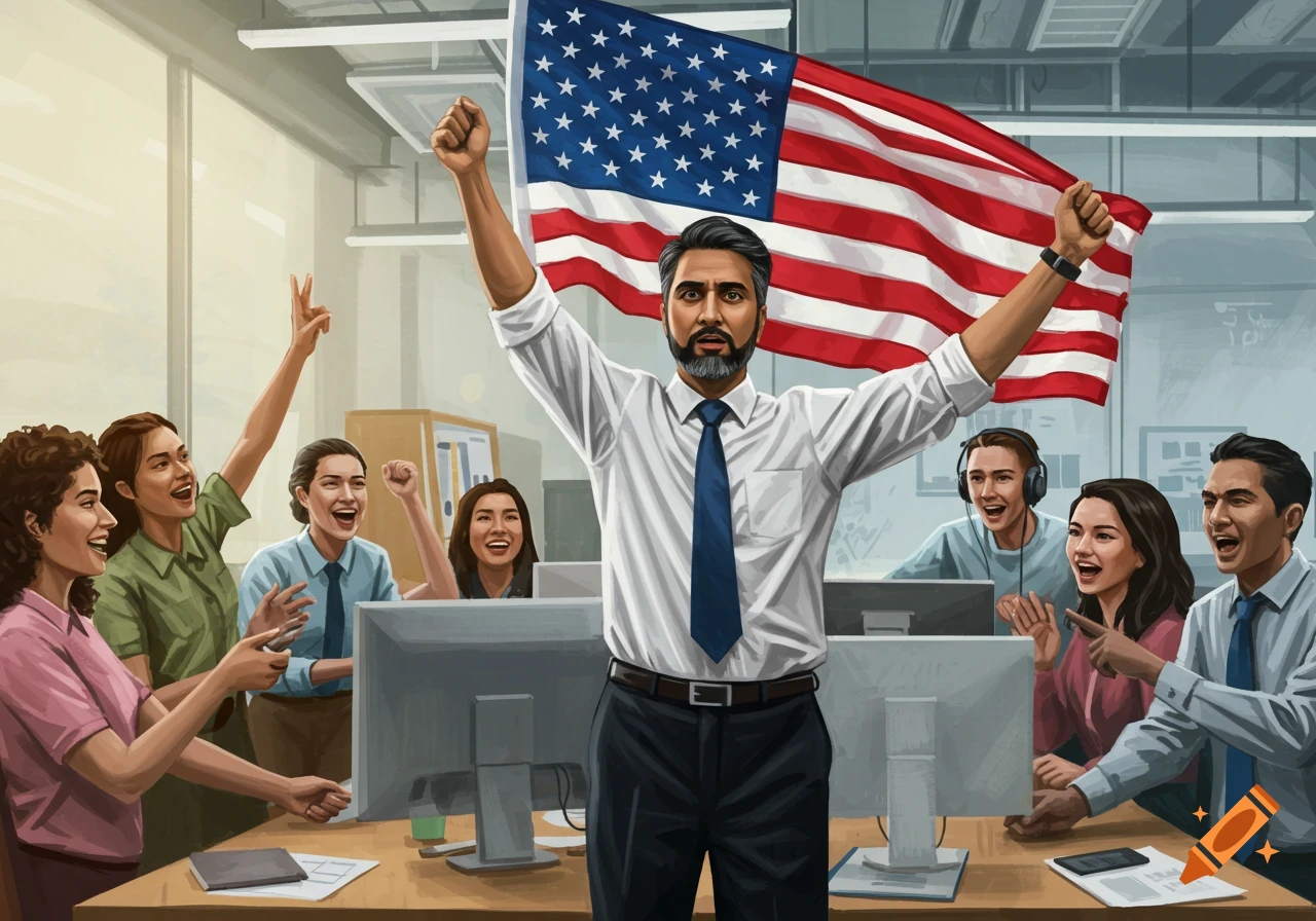 A man in an office proudly holds up a large American flag, surrounded by cheering and supportive colleagues.