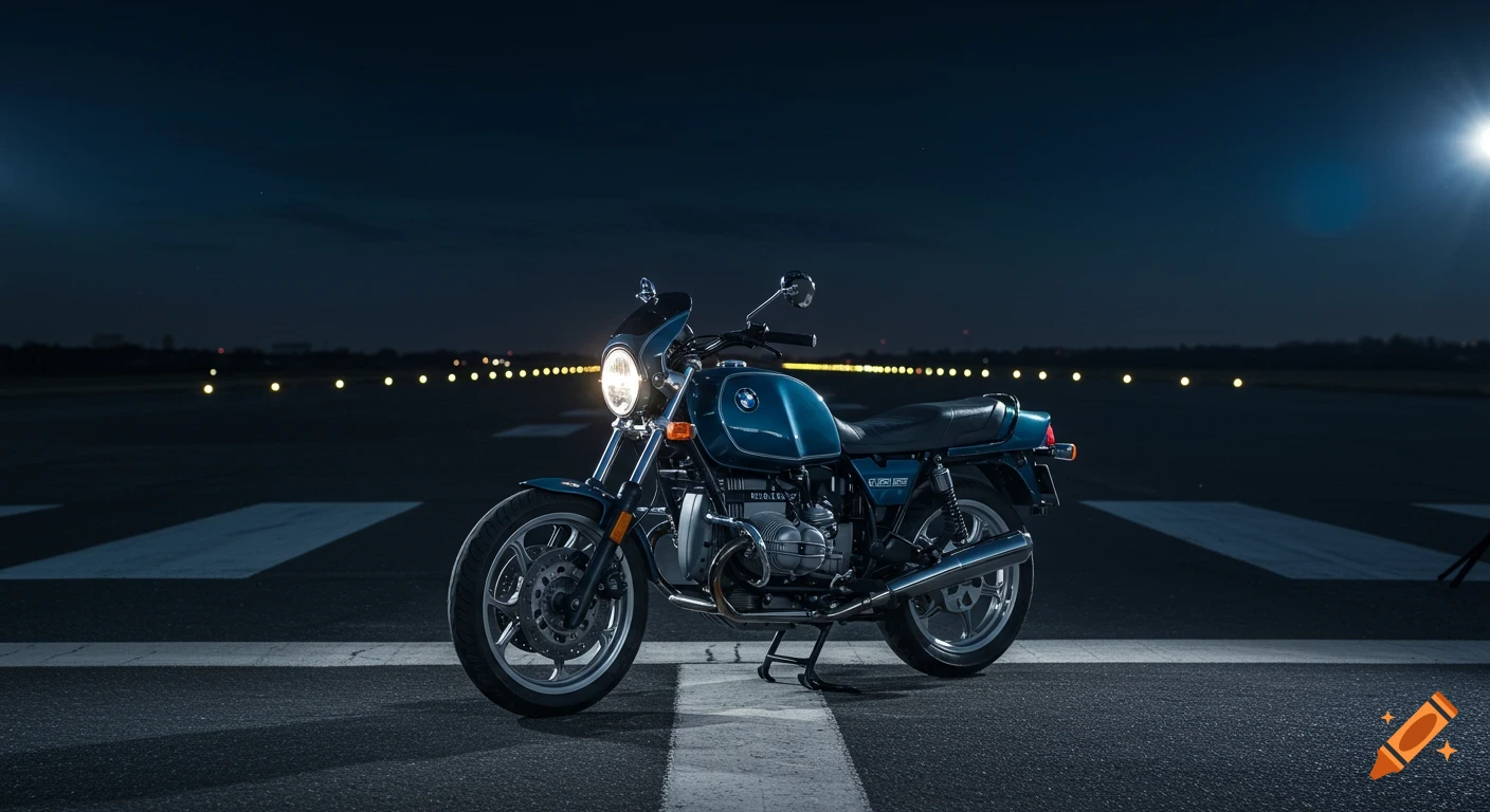 A teal 1992 BMW R100RS motorcycle with its headlight on, parked on an airport runway at night under bright studio lights.