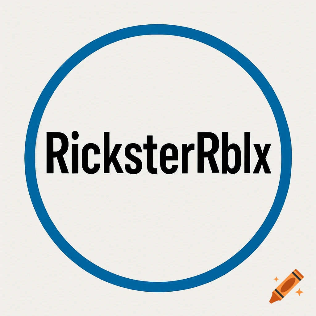 A white circle with black text 'RicksterRblx' and a blue outline.