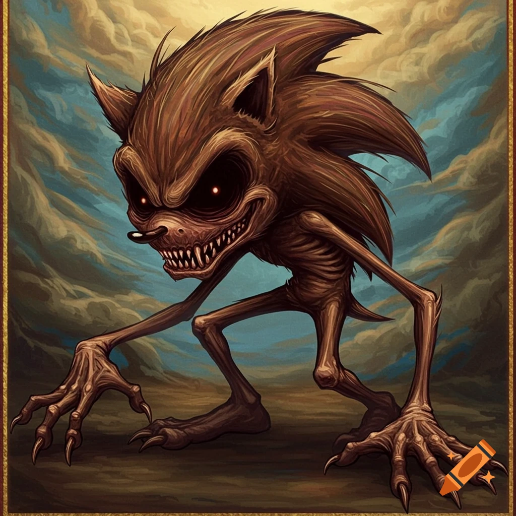 A terrifying, emaciated brown monster with glowing red eyes and sharp teeth, resembling Sonic the Hedgehog, stands under a stormy sky.