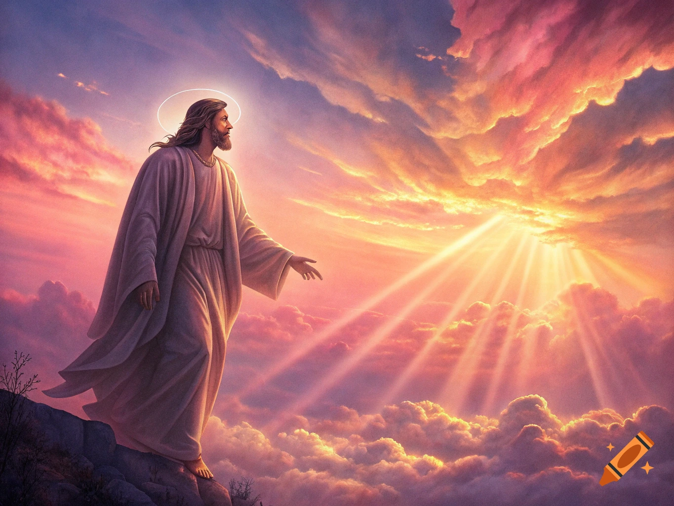 Jesus stands on a cliff at sunset, bathed in golden light from the vibrant pink and orange sky.