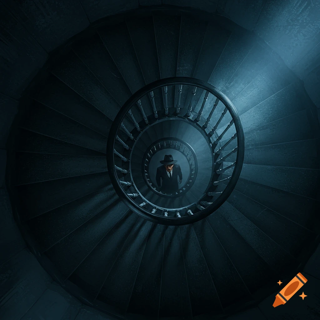 A mysterious figure in a fedora and suit stands at the bottom of a dark, spiraling staircase, lit by a single beam from above.