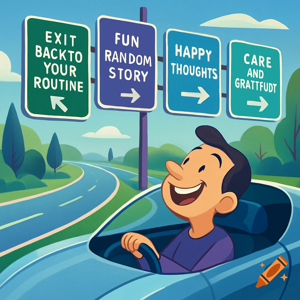 A cheerful cartoon character drives a blue car on a highway, looking at signs for 'routine,' 'fun story,' 'happy thoughts,' and 'care.'